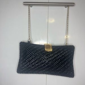 SOLD J.Mclaughlin Black Hard Case Clutch Purse with Gold Accent Chain And Clasp